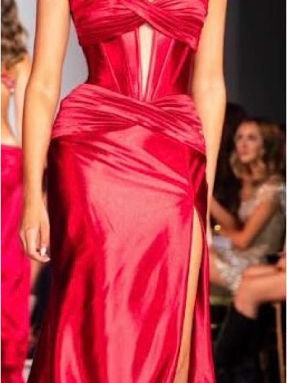 Sherri Hill Red Satin Prom Gown with Corset Waist and Thigh Slit